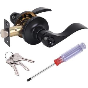 Matte Black Keyed Entry Door Handle, Wave Style Door Lever Lock with 3 Keys, Exterior Office Front Door Handles with Screwdriver, Keyed Reversible Door Handle, 1 Pack