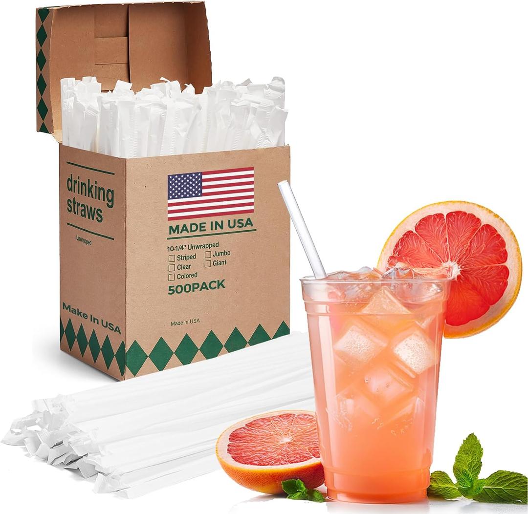 Glotoch Express 500 PCS Individually Wrapped Clear Plastic Straws, 10.25'' Long, 0.24'' Diameter Disposable Drinking Straws for Every Occasion, Party, Made in USA