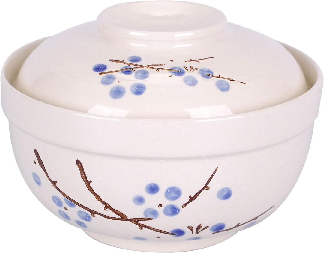 WHJY Japanese Creative Hand-painted Ceramic Tableware with Lid for Soup and Noodles, with Heat Preservation Function, Integrated Bowl and Lid - Blue Plum