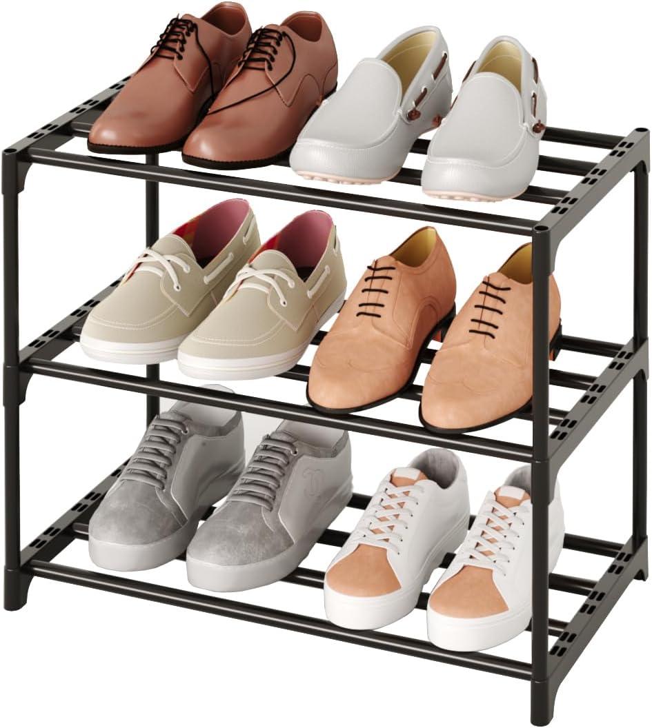 Small Stackable Shoe Rack,Narrow Kids Shoe Stand,Metal Shoe Storage Shelf for 6-8 Pairs of Shoes Entryway and Closet Hallway(3-Tier, Black)