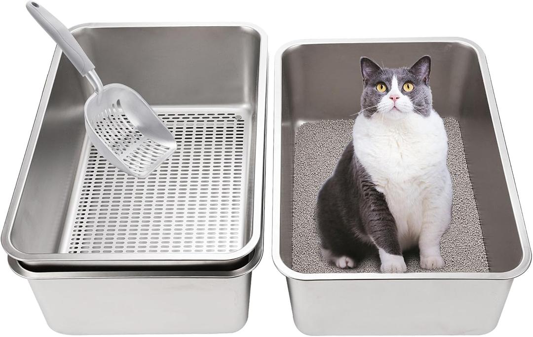 Sifting Stainless Steel Cat Litter Box for Clay & Pine Pellets