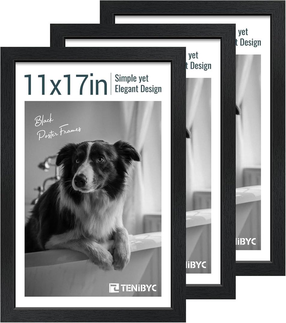 TENIBYC 11x17 Picture Frame 3 Pack, Black Wood, Real Glass, Wall Hanging