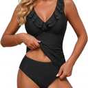 Yonique Womens Two Piece Swimsuits - Ruffle Flounce Tankini Tummy Control Bathing Suits V Neck Swimwear Black 01, 18 Plus
