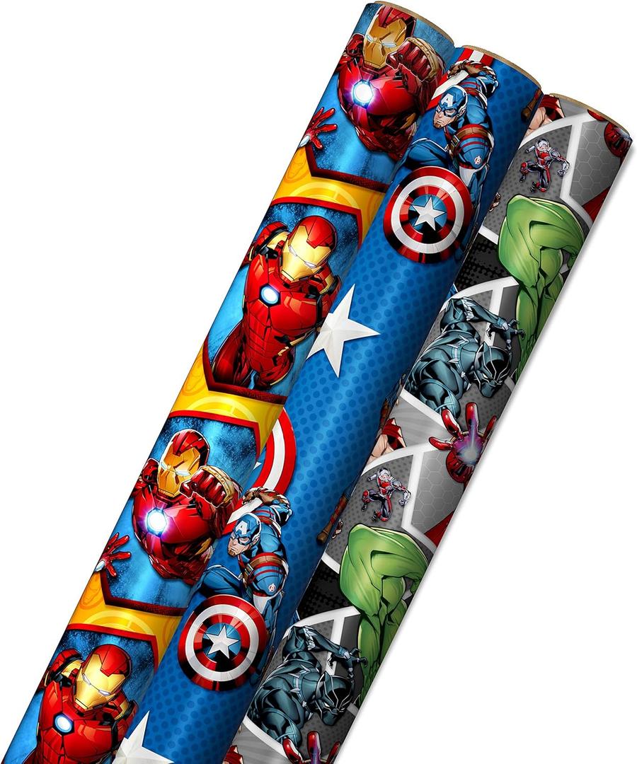 Hallmark Avengers Wrapping Paper with Cut Lines on the Reverse (3-Pack: 60 sq. ft. ttl) with Captain America, Iron Man, Black Widow, Thor and Hulk for Birthdays, Christmas, Father's Day and More