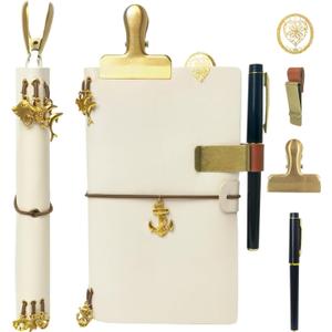 Handmade Travel Notebook Passport Holder Vegan Leather Refillable Travelers Journal with Passport Pocket, Card Slots, Lined Inserts, Pen, Metal Clip & Velvet Bag | A6 Pocket Travel Diary & Planner (Sailor Ivory Beige)