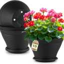 RooTrimmer 5 Pack 10 Inch Plant Pots with Saucers, Plastic Flower Pots with Drainage Holes, Large Planters for Indoor Outdoor Garden, House Plants, Flowers, Herbs, Gardening Gifts, Black