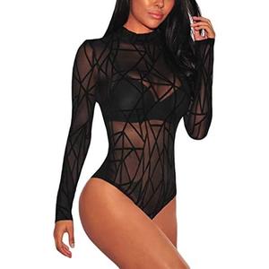 SEBOWEL Women Long Sleeves Mesh See Through Jumpsuit Bodysuit Top Leotard, Medium, Black 