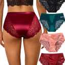 Kingfung Lace Underwear for Women Silky Smooth Hipster Cheeky Mid Waist Bikini Panties for Women Seamless Lacy Undies (X-Large, A-4pack-black/Wine Red/Green/Red Bean Pink)