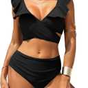 ZAFUL Women High Waisted Bikini Sets Two Piece Ruffle Tummy Control Swimsuit Cross Cutout Ruched Bathing Suit (Large, Black)