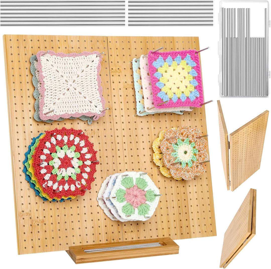 15.4" Foldable Crochet Blocking Board, Upgrade Large Blocking Board Crocheting with 30 Pcs Pins, Granny Square Blocking Boards Crochet Projects, Wooden Knitting Blocking Board for Blocking Crochet