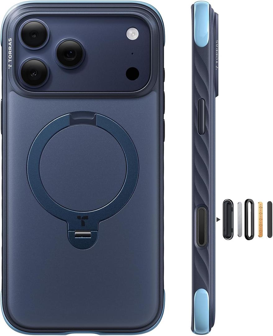 TORRAS Q3 Rugged for iPhone 17 Pro Case with 360 Rotating Magnetic Stand, Fit for MagSafe, 16FT Mil-Grade Drop Protection, Side Anti-Slip Grip, Camera Control Button, Microfiber Lining, Deep Blue