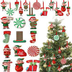 Bucherry 36 Pcs Elf Wooden Christmas Tree Ornament Elves Peppermint Christmas Decorations Wood Xmas Santas Elves Decorative Hanging Ornaments for Xmas Tree Party Supplies Holiday Decor