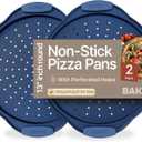 Bakken Pizza Baking Pan - Round Perforated Carbon Steel Pan with Non-Stick Marble Coating, Oversized Silicone Handle, Dishwasher Safe, High-Temperature Resistant, Durable & Easy Cleanup Blue, 2 Pack