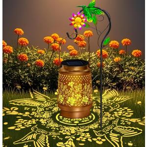 Solar Garden Lights Outdoor Decor, Hummingbird Lantern with Shepherd Hook | Waterproof Metal Hummingbird Solar Lantern, Hanging Garden Decor for Yard, Patio, Lawn, Landscape and Gifts for Mom