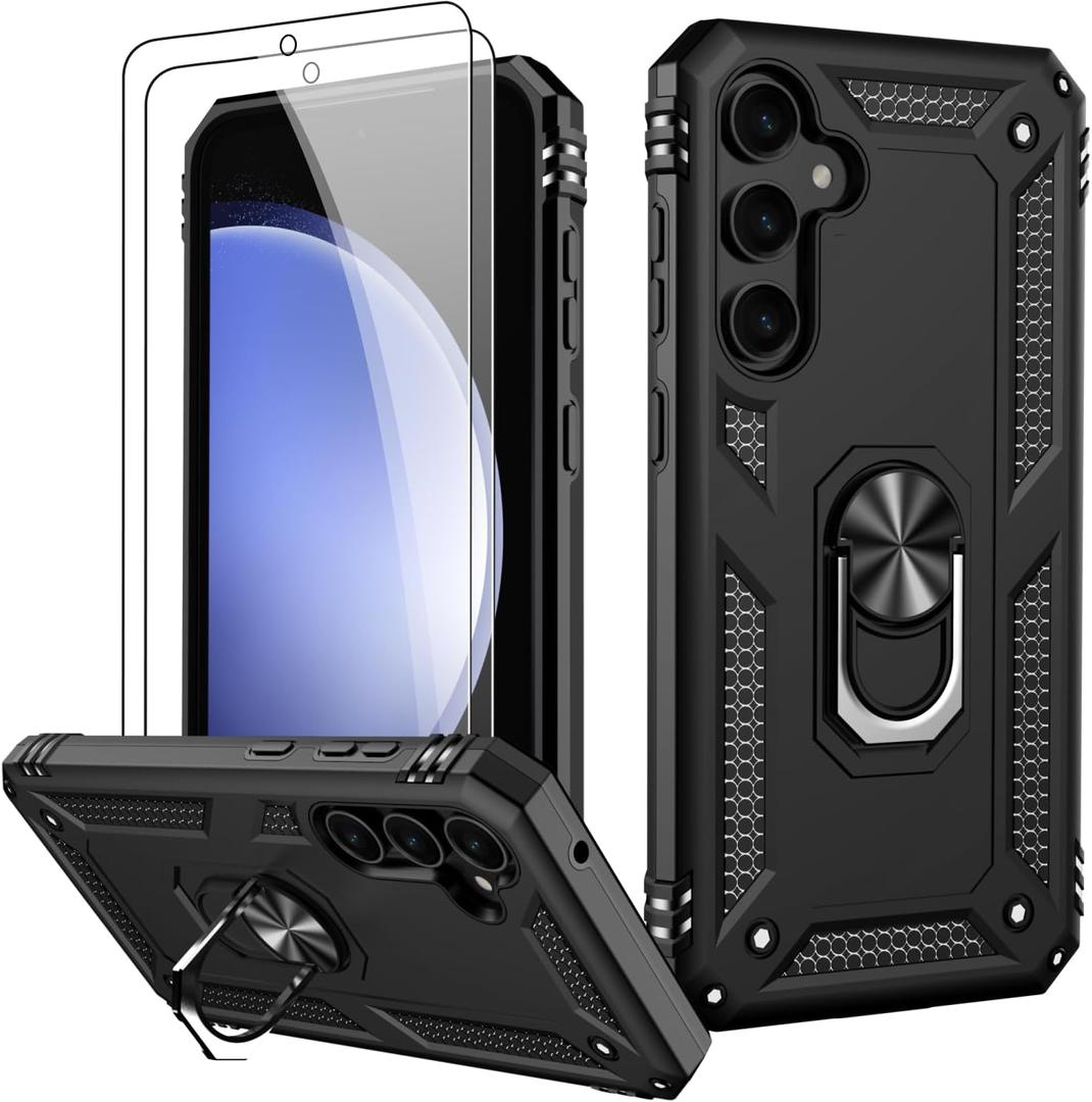 2 x LUMARKE for Galaxy S23 FE Case with Screen Protector,Pass 16ft. Drop Tested Military Grade Protective Phone Cover with Magnetic Ring Kickstand Compatible with Car Mount Holder Black