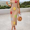 ZESICA Women's Summer Knit Bodycon Midi Dress 2026 Sleeveless Floral Crewneck Color Block Long Beach Party Dresses (Khaki)