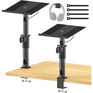 Heigh & Angle Adjustable Desk Clamp Speaker Stands for Samsung HW Q990D/Q990C/Q930C Edifier, KRK, Klipsch, Polk, Yamaha Large Speakers with Cable Management, Studio Monitor Stands Wr Headphone Holder