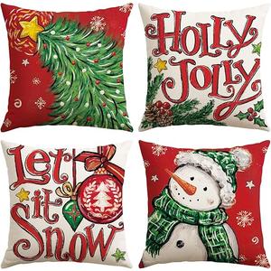 Christmas Throw Pillow Covers 16x16 Inch Set of 4, Christmas Tree Snowman Holly Jolly Let it Snow Red Xmas Decorative Pillow Cases Seasonal Winter Holiday Cushion Covers for Sofa Bed Couch