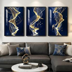 Large Framed Modern Blue and Gold Wall Art for Living Room, 3 Piece Abstract Artwork for Walls, Contemporary Luxury Line Pictures Prints Paintings for Hallway Dining Room Office 24x36 Inch