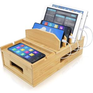ZOOFOX Bamboo Charging Station for Multiple Devices, Desk Docking Station with Removable Divider Slots and Drawer, Bedside Charging Station Compatible with Smartphone, Tablet, Laptop, Earphone
