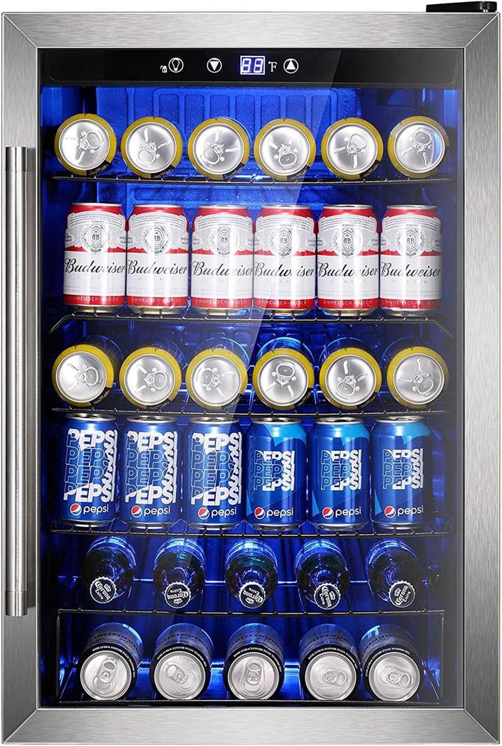 Wine Cooler 37 Bottle Freestanding Fridge with Stainless Steel Reversible Glass Door, 145 Can Beverage Refrigerator Quiet Compressor for Home Kitchen Bar, 4.5 Cu.ft Silver