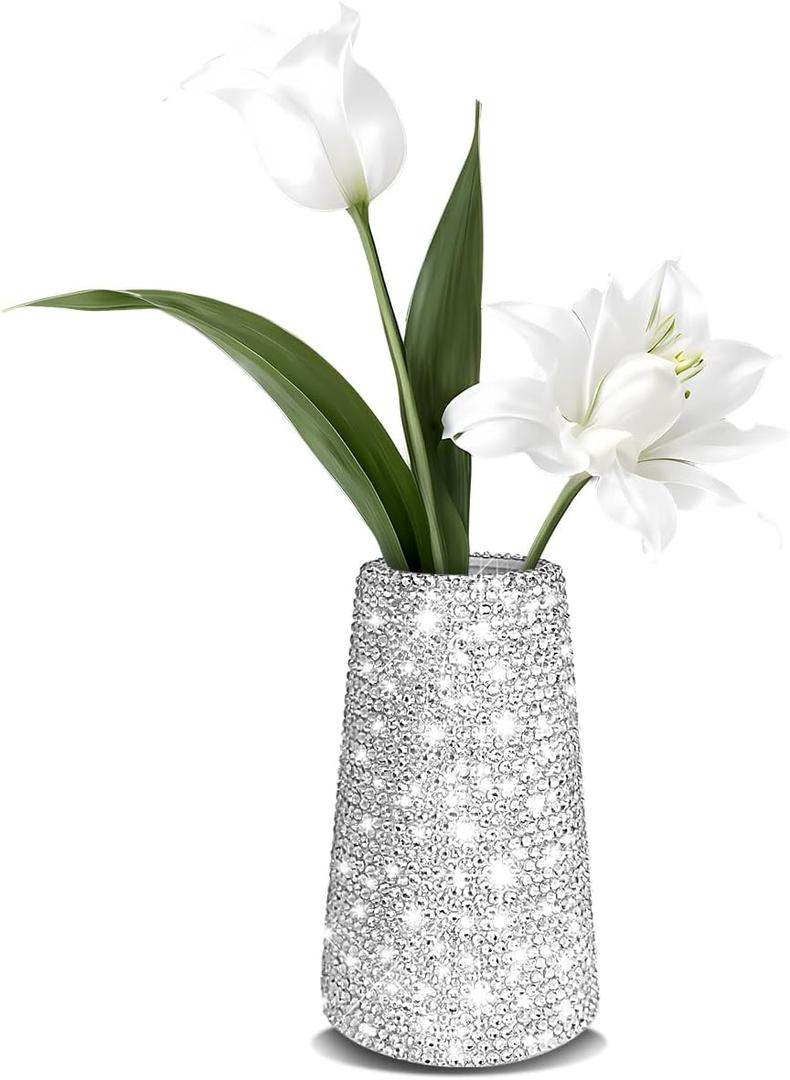 Bling Vase for Flowers Plants,6" Ceramic Vases for Modern Table Shelf Home Decor Wedding Decor, Elegant Vase for Pampas Grass Fluffy Stem Bouquet Lavender Flowers (Silver)