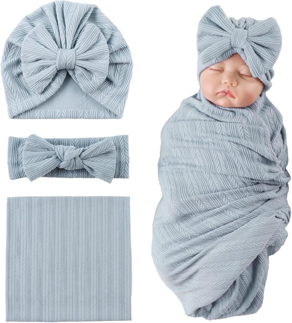 OMUKY Newborn Receiving Blanket Bow Headband and Beanie Set Baby Swaddle Receiving Blankets Baby Boy Girls Nursery Swaddle Wrap(Blue)