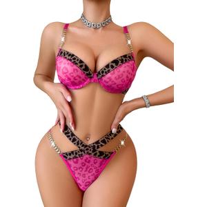 Avidlove Sexy Lingerie Set Mesh See Through Underwire Bra Panty Set Leopard Splice Push Up Lingerie with Chain (XX-Large)