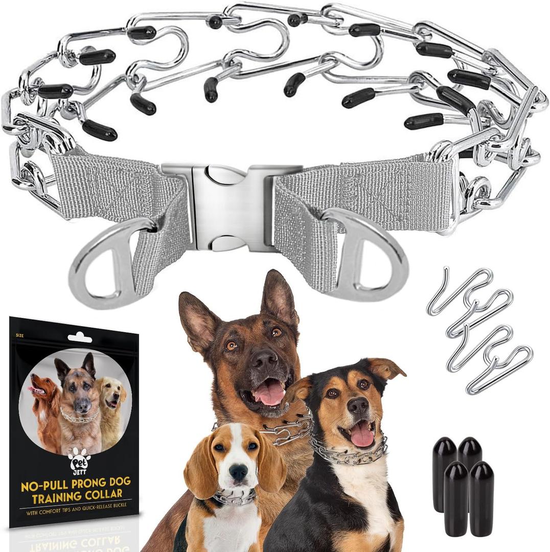 PetJett Prong Collar for Dogs - Choke Collar for Dogs, Pinch Collar for Dog, Adjustable Training Collar & Walking Tool for Small, Medium, or Large Breed - No Pull Stainless Steel Metal Choker Chain (Large: 18 - 20" / 70 lbs, Grey Metal Buckle)