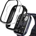 EWUONU 2 Pack Compatible with Amazfit Bip 6 Case, Tempered Glass Screen Protector with Hard PC Bumper Cover HD Anti-Scratch Full Protective Cover for Men Women Watch Accessories, Black+Clear