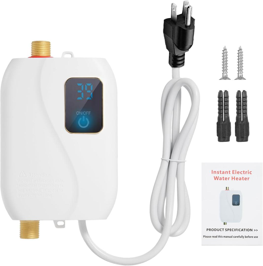 Electric Water Heater, Tankless Instant Hot Water Heater Under Sink, 110V 3000W Mini On Demand Water Heater for RV Kitchen Bathroom, White