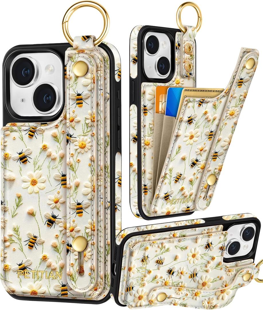 Petitian for iPhone 14/13 Case with Wallet - Women Girls Cute Girly Aesthetic Unique Design Leather Credit Card Holder Cardholder Stand Wristband for iPhone 14/13, Flower