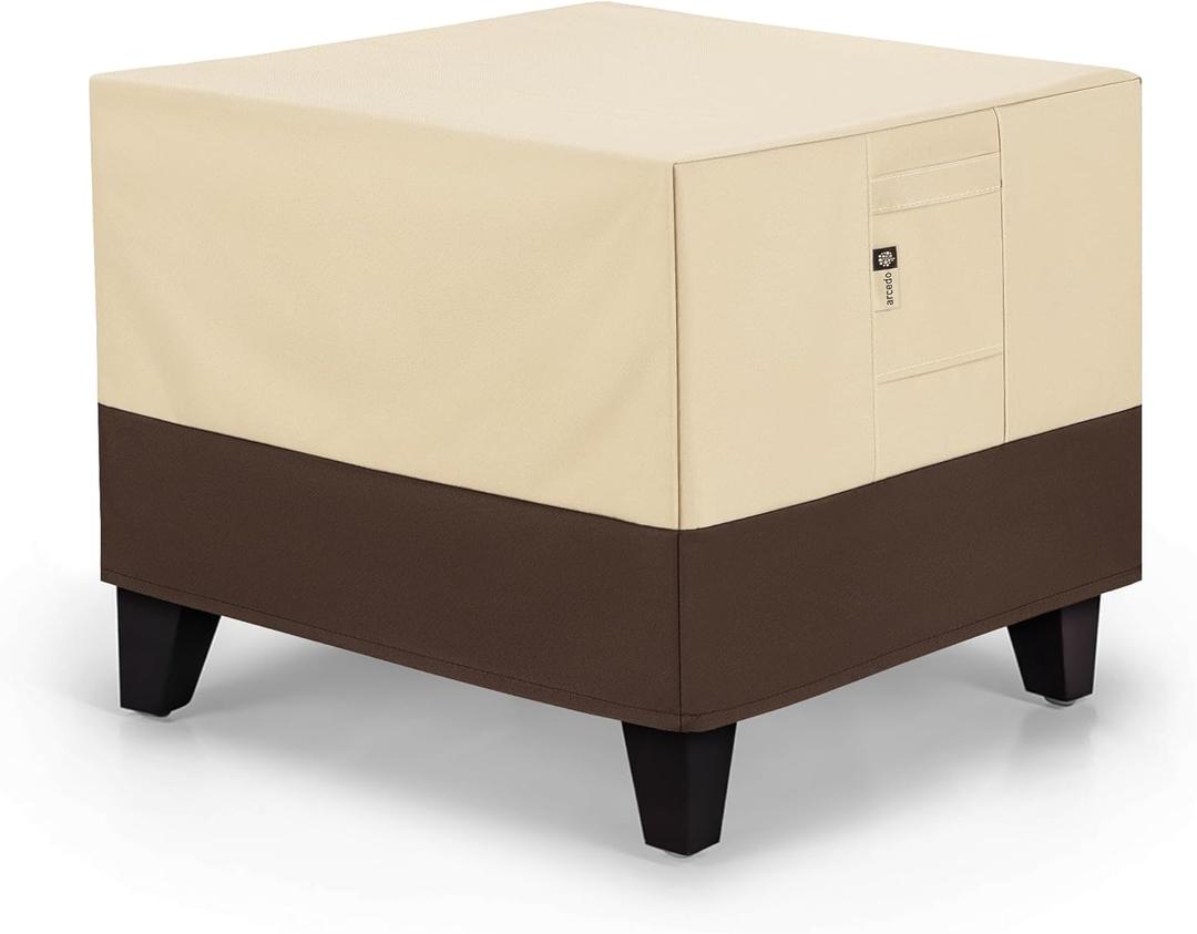 Arcedo Square Outdoor Ottoman Cover, Waterproof Coffee Table Cover, Durable Patio Side Table Cover, Patio Ottoman Cover for Outdoor Furniture, 32”L x 32”W x 18”H, Beige and Brown