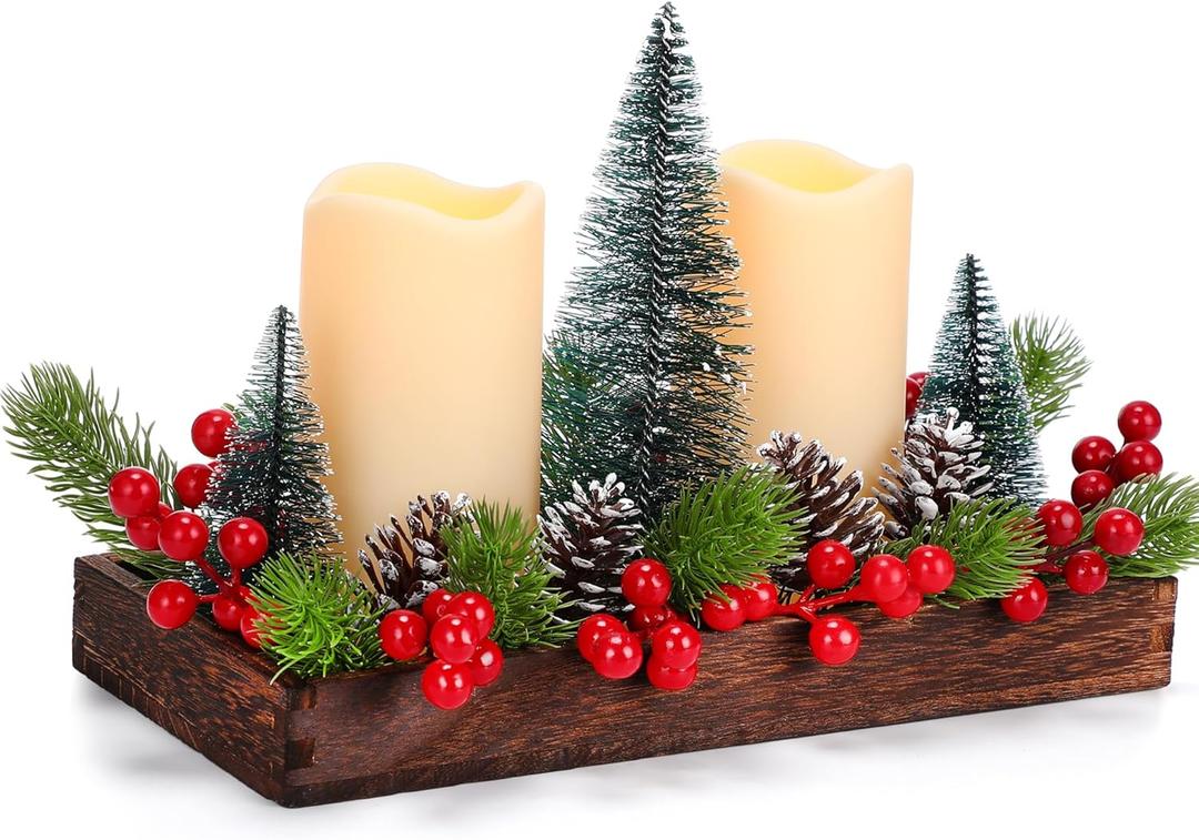 Christmas Centerpiece Arrangement Set Rustic Wood Tray with LED Candles Artificial Christmas Floral Picks and Pine Cones in Wooden Box Tiered Tray Decor with Red Berries Mini Christmas Tree
