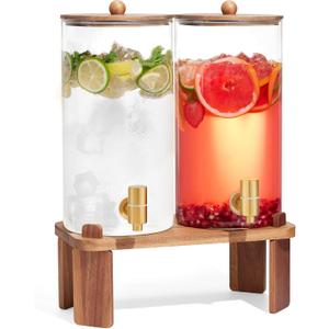 2 PCS 1.5 Gallon Drink dispenser, Glass Beverage Dispenser With Wood Stand, Large Water Drink Dispensers for Parties With Stainless Steel Spigot, Ideal for Lemonade, Juice, Tea, and Party Drinks