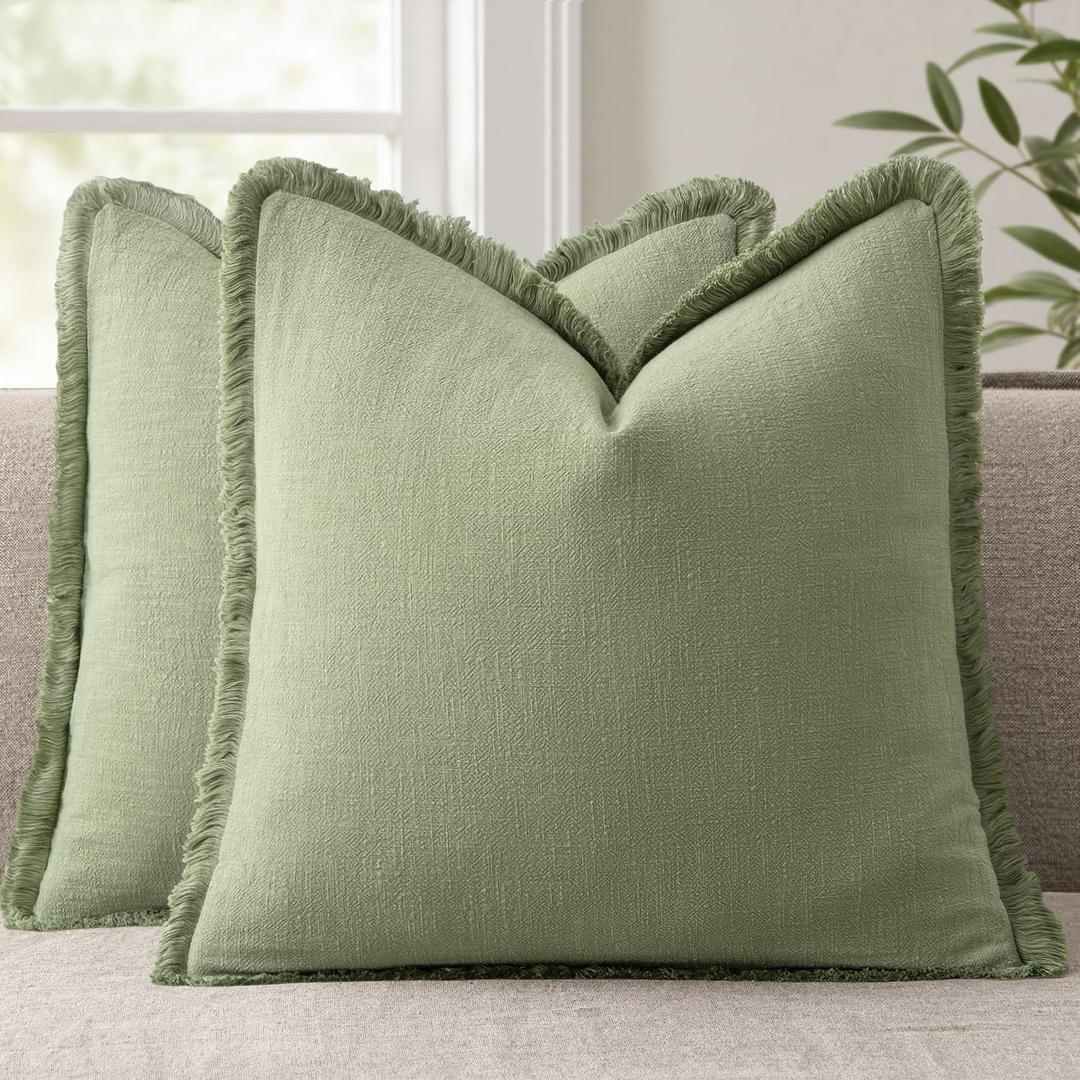 ANRODUO Set of 2 Decorative Throw Pillow Covers 2020 Inch Soft Linen Fringe Farmhouse Boho Vintage Cushion Covers with Tassels Accent Pillowcase for Couch Sofa Bed Living Room Summer Decor Sage Green