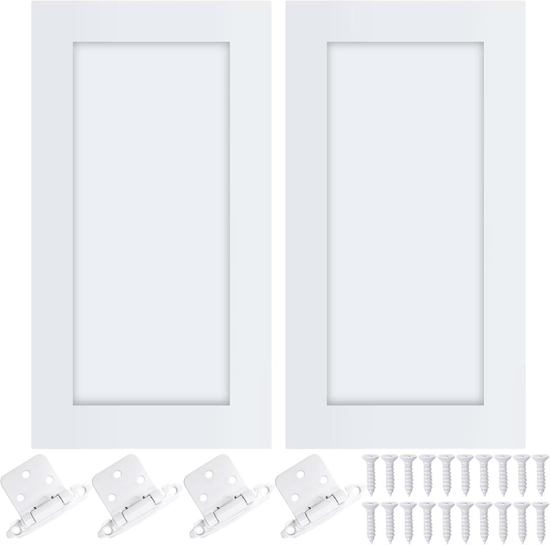 Cinnvoice 2 Pcs Pine Kitchen Cabinet Door Replacement with 4 Pcs Cabinet Hinges Wood Shaker Door Front Replacement for Kitchen, Bathroom, Vanity(White,11" W X 18" H)