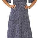 Plus Size Women Summer Boho Floral Tiered Midi Casual Dress with Pocket Short Sleeve V Neck(KEL6003, 18, Nblue White Fl)