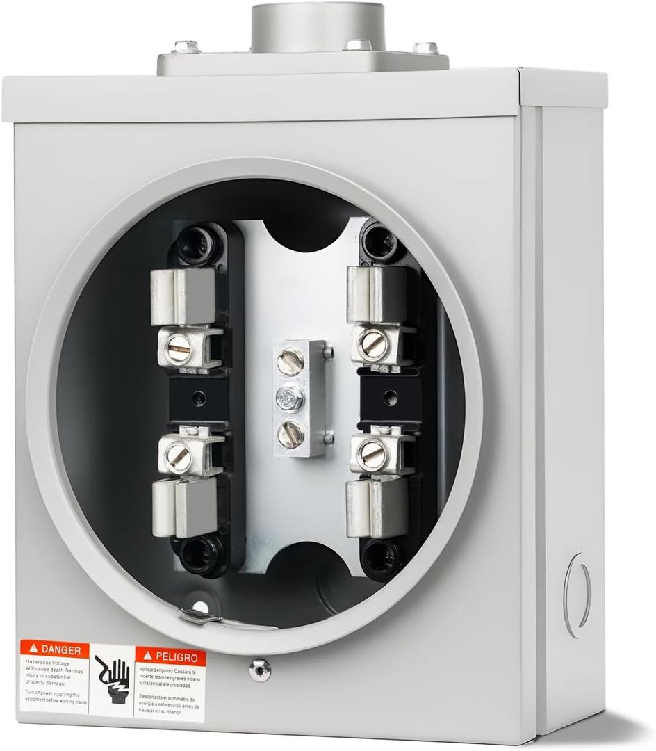 100 Amp Meter Socket, 4 Jaw Meter Base, 600V 3 Wire Ring Type, with Horn Bypass Meter Cover Plate, Suitable for Overhead/Underground Feed