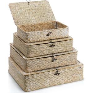 Set of 4 Seagrass Basket with Lid Wicker Storage Basket Decorative Storage Boxes with Lids Flat Storage Bins Woven Organizer Baskets for Shelf Closet Bedroom, 4 Sizes (White)