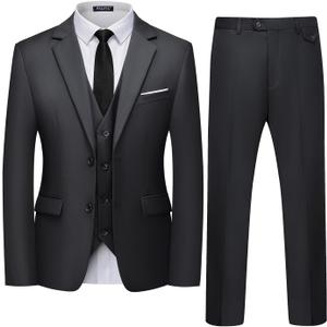 WULFUL Men's 3 Piece Slim Fit Suit Set Two Button Blazer Jacket Vest Pants Tuxedo Set for Party, Wedding and Business (Dark Grey), Size XL