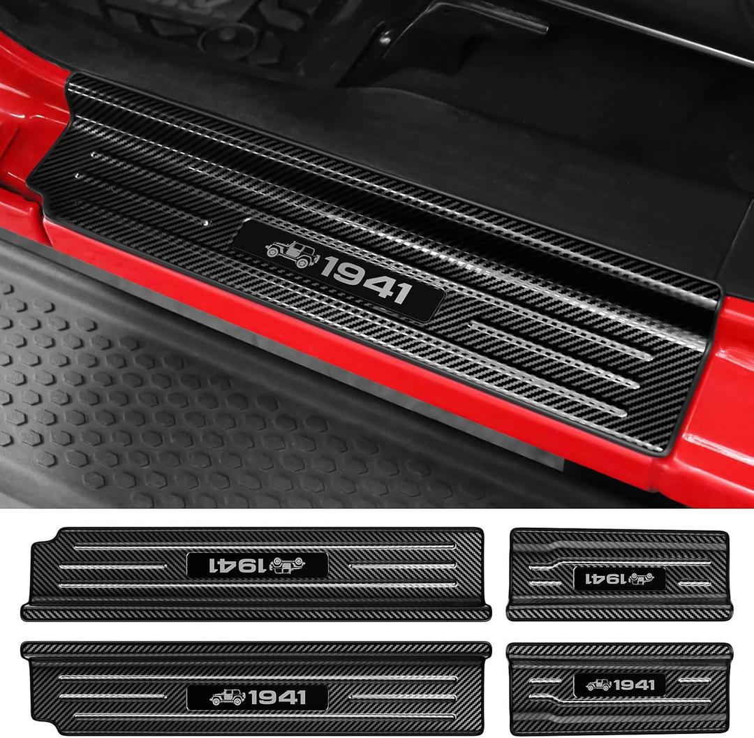 YOJOJOCO Door Sill Guards Compatible with Jeep Wrangler JL JLU 2018-2025 & Gladiator JT 2020-2025 Accessories Stainless Steel Material Carbon Fiber Texture Front and Rear Door Sill Protector