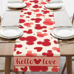 Valentines Table Runner, Hello Love Red Hearts Kitchen Dining Table Decoration, Anniversary Wedding Burlap Indoor Outdoor Home Decor Party Supply 13 x 36 Inches