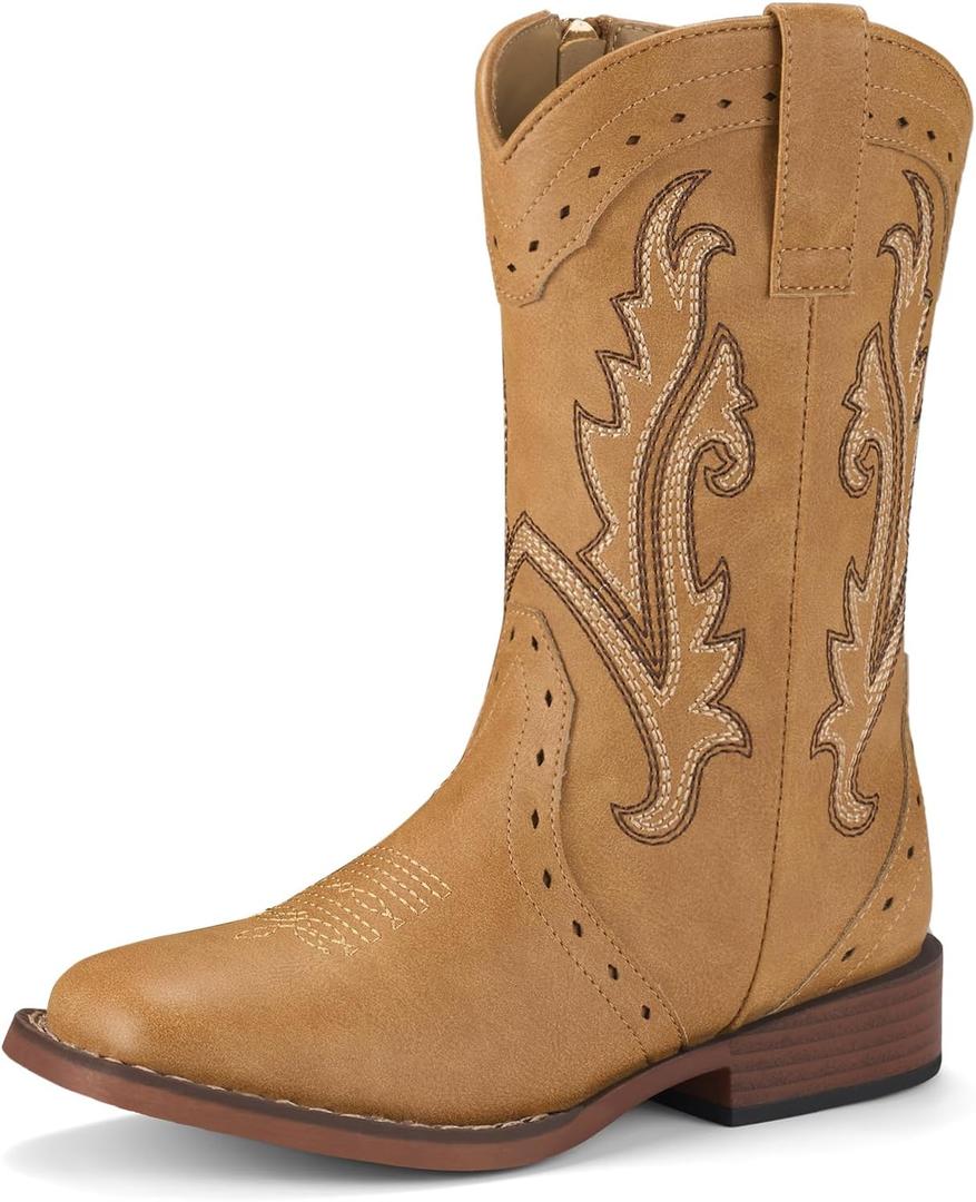 Rollda Girls Cowgirl Boots Kids Cowboy Boots Square Toe Girls Western Boots for Toddler/ Little Kid/ Big Kid Tan Little Kid Size 3