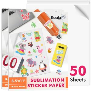 Koala Sublimation Sticker Paper Matte White Waterproof Vinyl 8.5x11 inch 25 Sheets, 2 Packs Total 50 Sheets Quick Dry Vivid Colors Holds Ink well