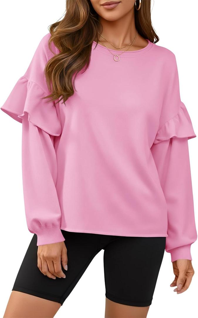 Fisoew Womens Crewneck Sweatshirts Fall Casual Ruffle Long Sleeve Roll Hem Loose Cropped Pullover Tops (Pink)
