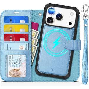 TUCCH Removable Case Wallet for iPhone 17 Pro (6.3") 2025, Detachable Wrist Strap, Wireless Charging, Stand, 4 Card Slots RFID Blocking, 2-in-1 Magnetic, PU Leather Shockproof Cover, Pearly Light Blue