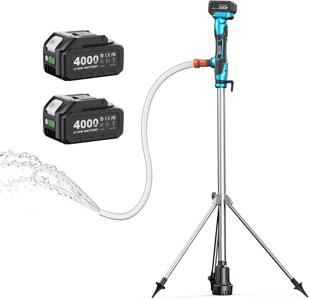 SEESII Cordless Stick Water Transfer Pump with Hands-Free Tripod
720 GPH, 32 FT Lift, 2×4.0Ah Batteries, 3-Piece Shaft, Drain Pools & Hot Tubs, Transfer Rainwater, Irrigate Gardens