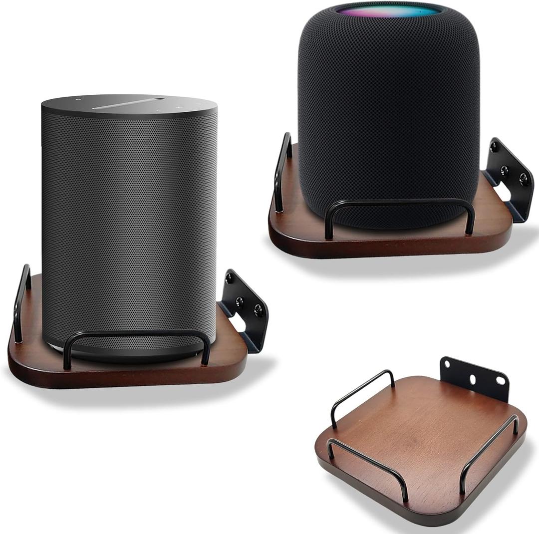 Universal Speaker wall Mount,Secure Adjustable Real Wood wall Bracket Holder,Small Speakers Shelves for Bose,homepod,JBL,Sonos,Sony,KEF,Google,Roku (Walnut,2 Pack)