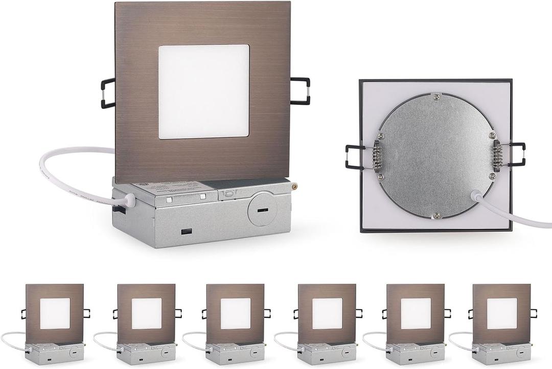 ZYC 4-inch Square Recessed Lighting - Ultra Thin Dimmable Square LED Ceiling Light,5 Color Temperature 2700-5000K Selectable,9W 800LM High Brightness,Canless Wafer Downlight,Pack of 6 Bronze.
